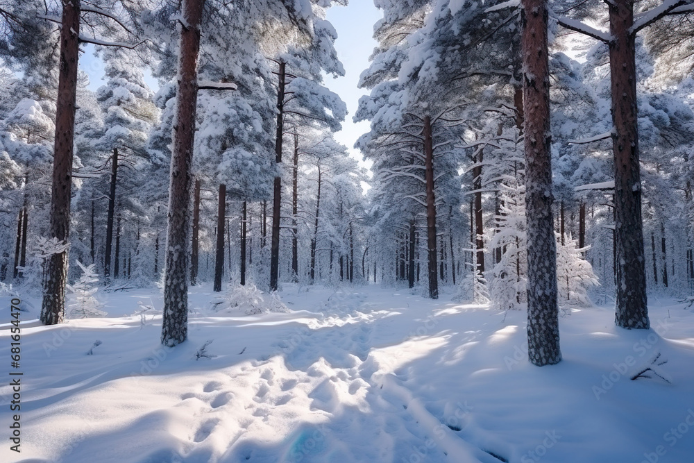 Winter forest with footpath, footprints on snow Winter forest with footpath, footprints on snow