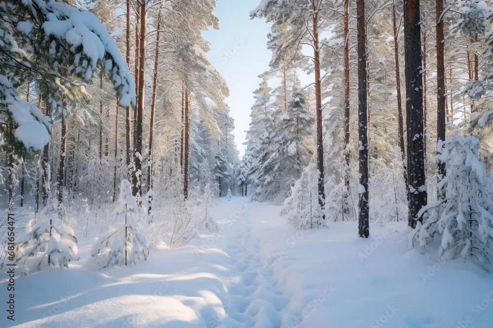 Winter forest, pathway, trail at dawn Winter forest, pathway, trail at dawn
