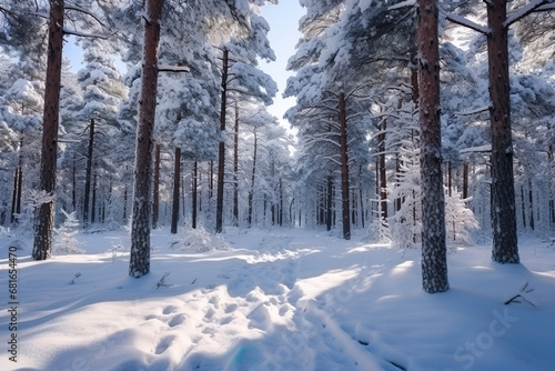 Winter forest with footpath, footprints on snow © valiantsin