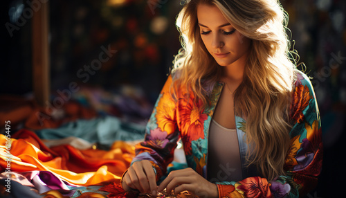 Young woman sitting indoors, smiling, holding colorful textile, working creatively generated by AI