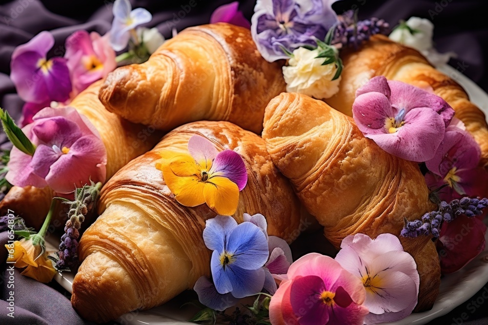 Freshly baked croissants adorned with vibrant edible flowers. Gourmet breakfast and indulgence.