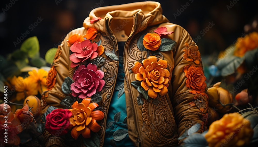 Autumn fashion men jacket, multi colored leaf pattern, nature elegance generated by AI