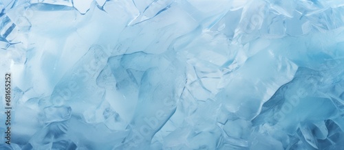 Transparent ice blue texture under frozen background. AI generated