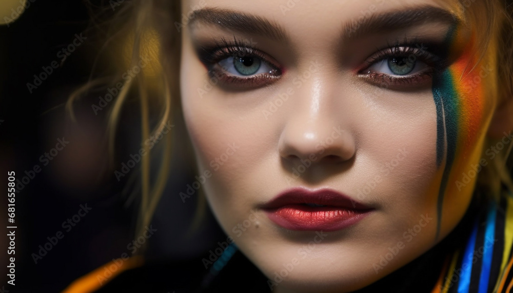 One beautiful young woman, close up portrait, looking at camera generated by AI