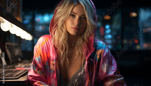 Young woman with long blond hair looking at camera at night generated by AI
