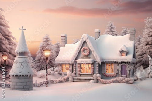 Pastel colors Christmas background. Snow-covered woodland scene, soft pastel hues of lavender and rose-pink.