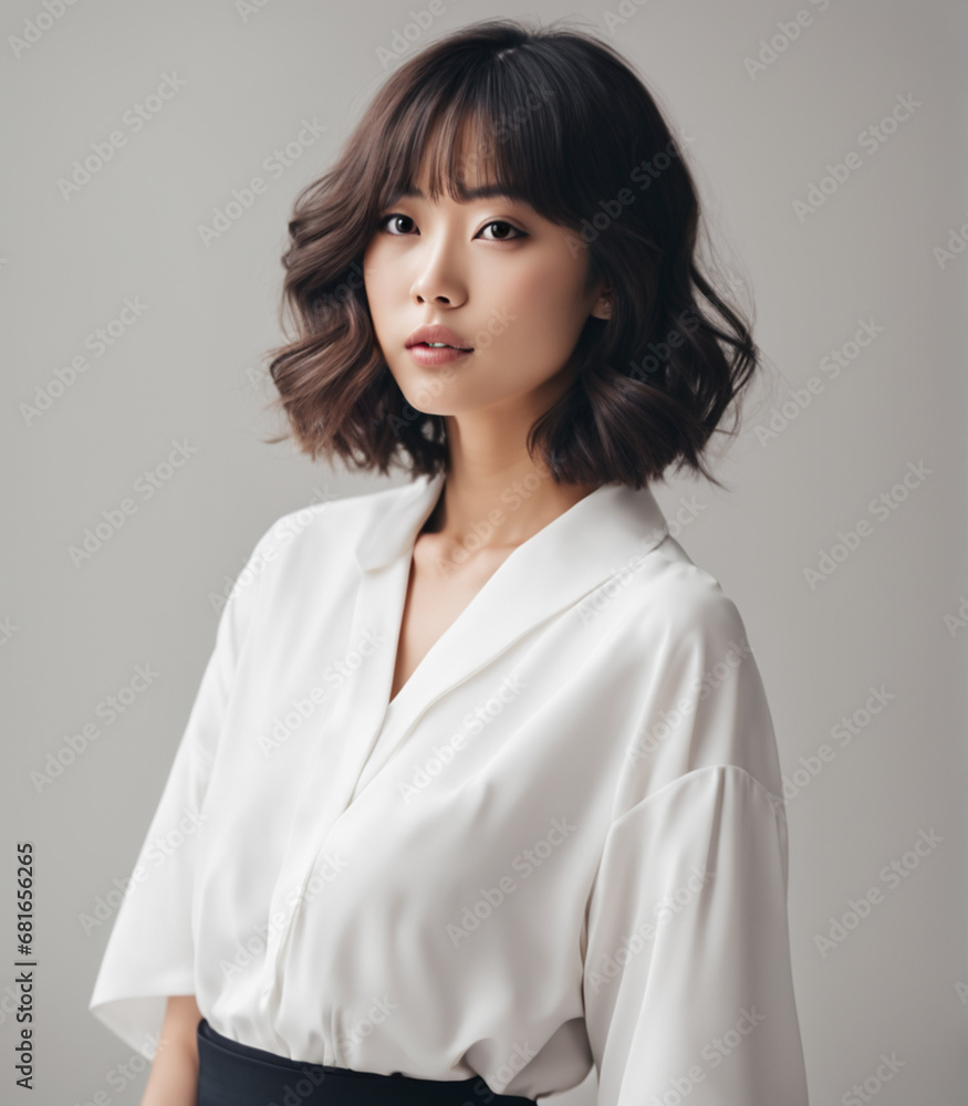 beautiful young Japanese woman with bob hairstyle soft careless curls in a white shirt on a light background beautiful young Japanese woman with bob hairstyle soft careless curls in a white shirt on a light background