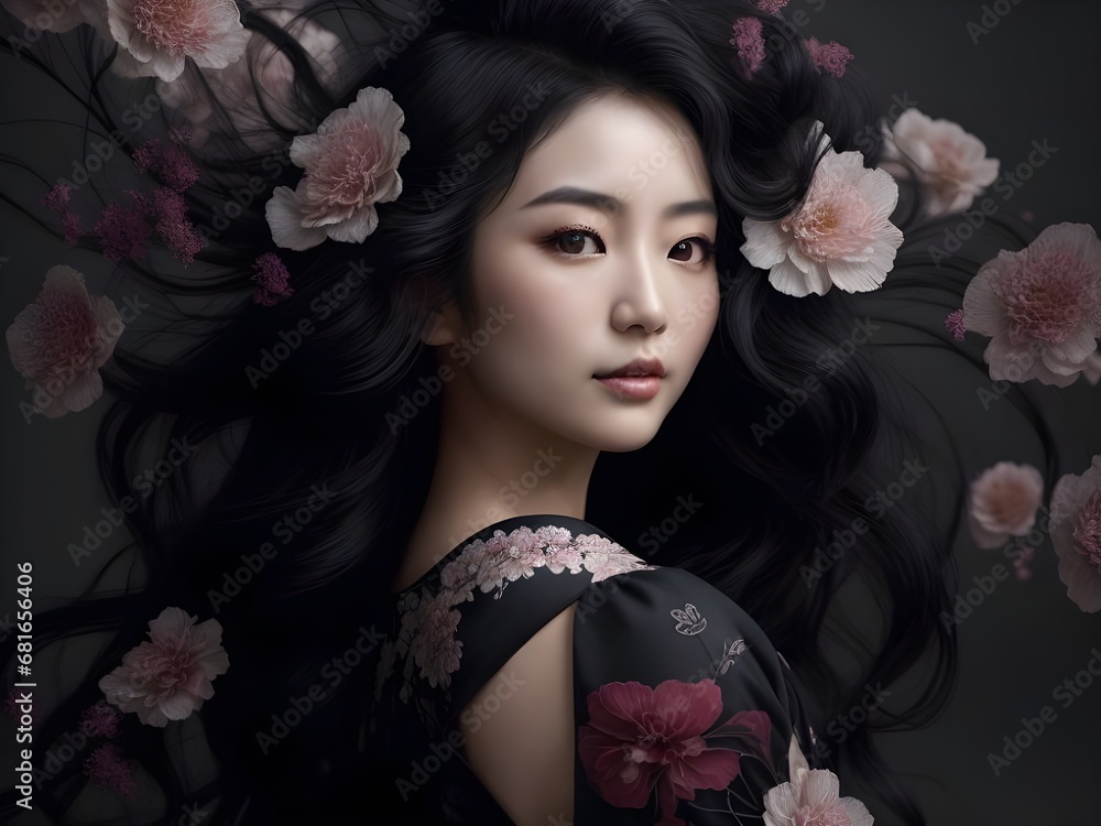 portrait of a Japanese woman with flowers in studio portrait of a Japanese woman with flowers in studio