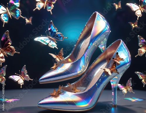 butterflies fly around pair womens shoes in a futuristic style photo