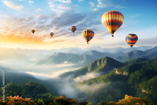 Farbenfrohe Heißluftballons vor schöner Berglandschaft in den Alpen, erstellt mit generativer KI photo