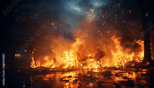 Burning bonfire illuminates dark forest, smoke signals danger in nature generated by AI photo