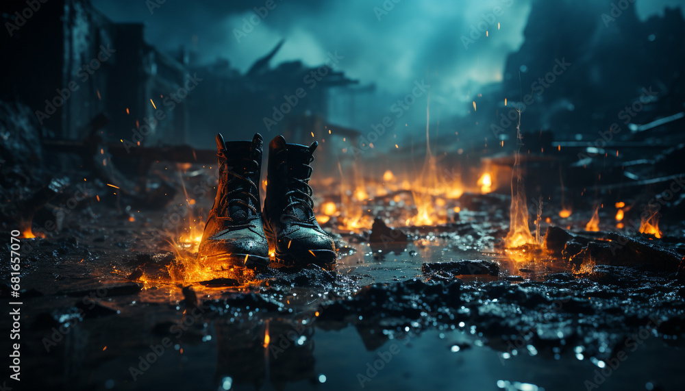 Burning bonfire ignites night, men and women gather outdoors generated by AI Burning bonfire ignites night, men and women gather outdoors generated by AI