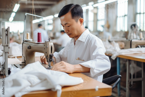 Focused middle aged man tailor with Asian appearance sews things from natural fabric using sewing machine at clothes making factory. Handwork and sewing with help of mechanism in old age.