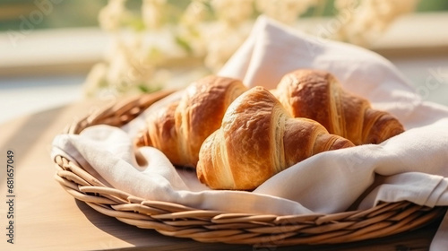 copy space, stockphoto, Fresh french croissants in a wooden tray on a linen tablecloth. Beautiful photo for breakfast bar, menu, restaurant. Vegan dish. International croissant day.