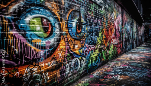 Graffiti mural on dirty subway station wall, illuminated with vibrant colors generated by AI