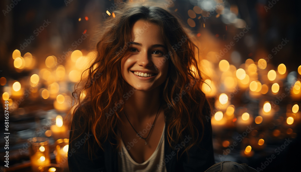 Young woman smiling, looking at camera, enjoying candlelit celebration generated by AI Young woman smiling, looking at camera, enjoying candlelit celebration generated by AI