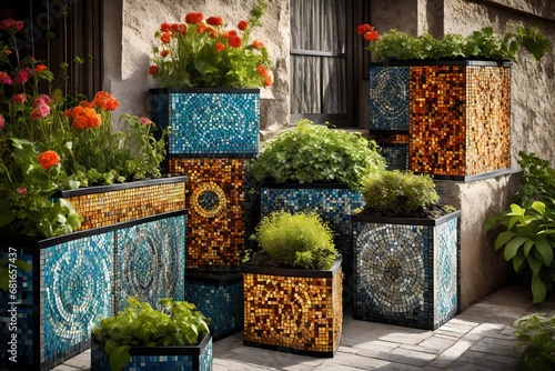 Adorn plant boxes with mosaic tiles for a vibrant and artistic touch