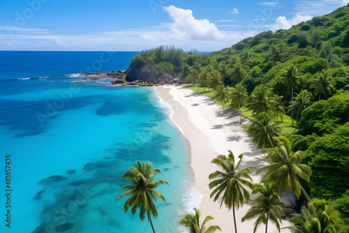 Weißer Sandstrand mit Palmen und blauem Meer, Urlaub und Erholung, erstellt mit generativer KI