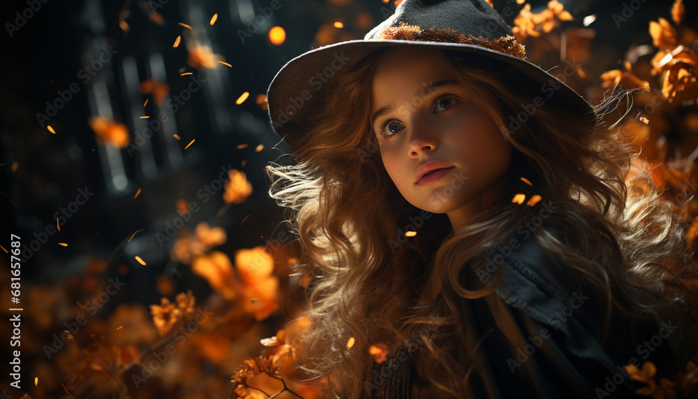 Smiling girl enjoys autumn night, surrounded by nature beauty generated by AI Smiling girl enjoys autumn night, surrounded by nature beauty generated by AI