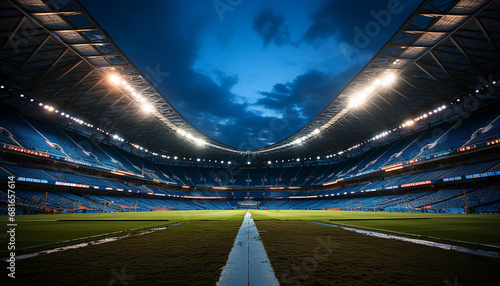 Bright spotlight illuminates empty soccer field, vibrant crowd awaits generated by AI