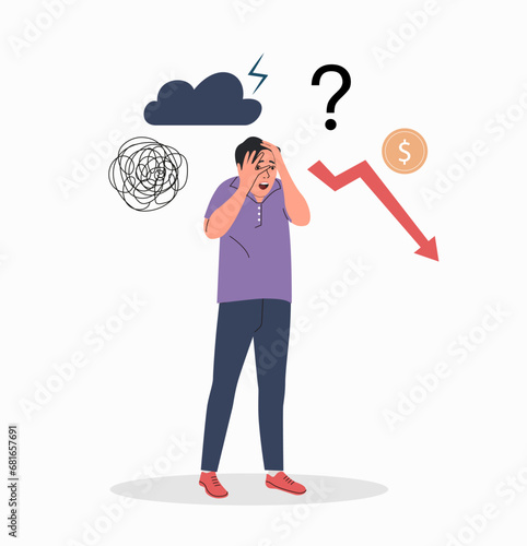 Sad man  holds his head with his hands. Doldrums concept. Vector flat cartoon  illustration