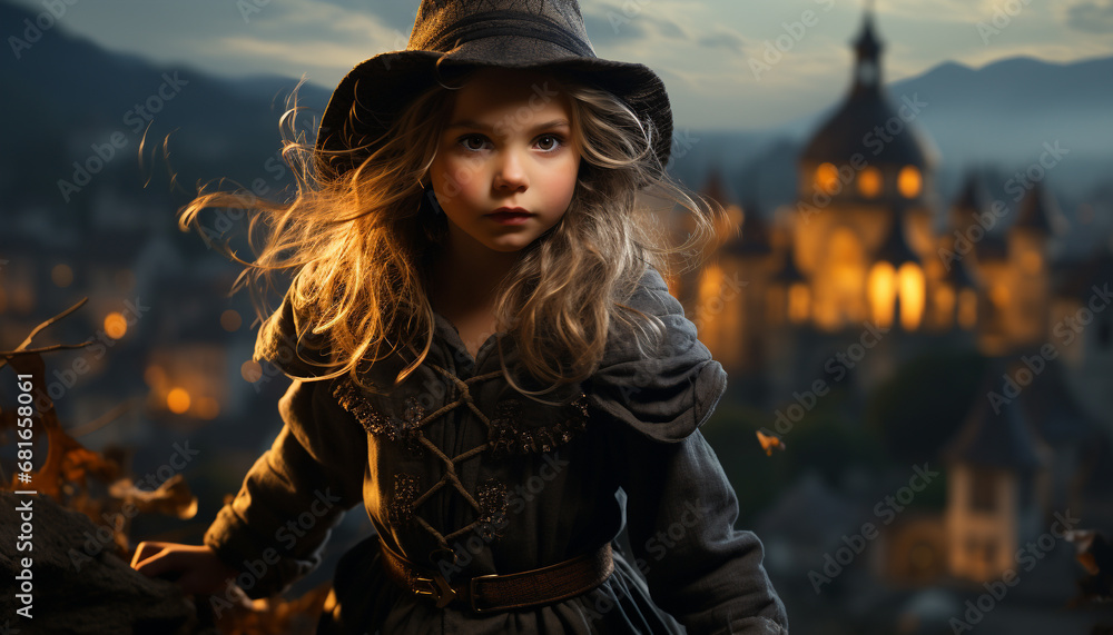 Young woman in autumn dress standing in forest, smiling happily generated by AI