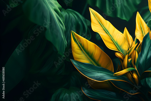 Exotische gelbe Blüten mit grünen Blättern auf grünem Hintergrund, erstellt mit generativer KI