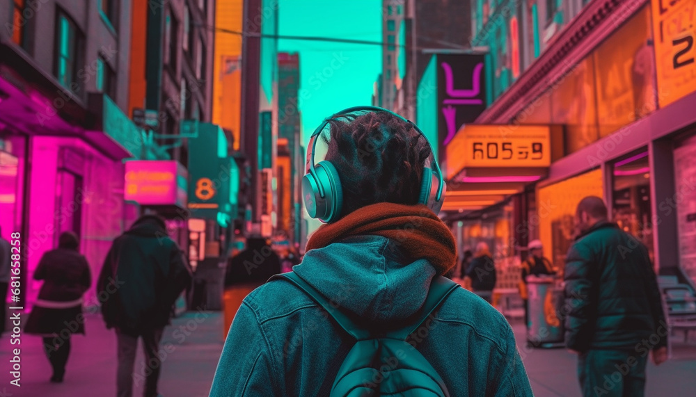 Young adults walking in blurred motion through illuminated city streets generated by AI