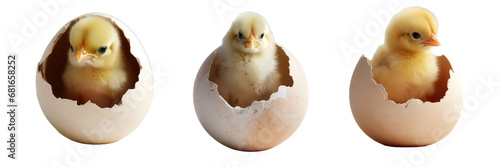A chick hatches from an egg, different versions, isolated photo