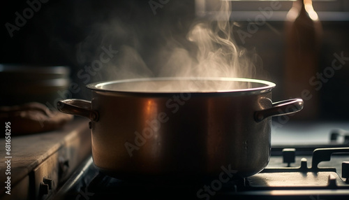 Healthy stew simmering on stove top in stainless steel saucepan generated by AI