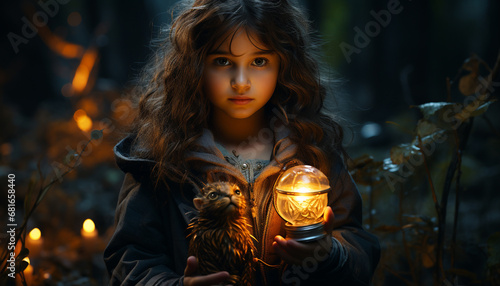 Cute Caucasian girl smiling, holding lantern, enjoying Halloween night generated by AI