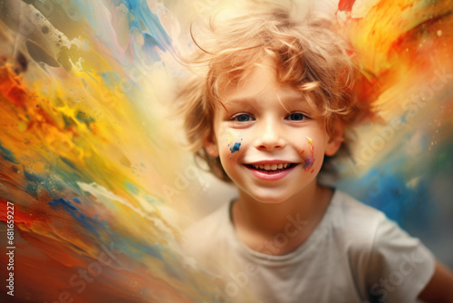 Little cute boy playing with paints