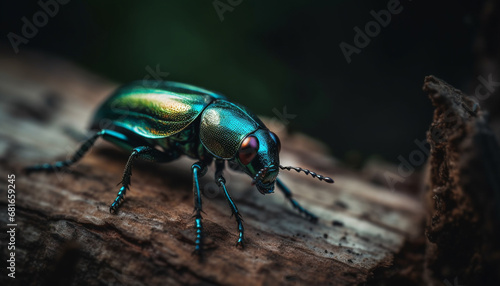 Metallic stag beetle crawls on green leaf in spooky forest generated by AI