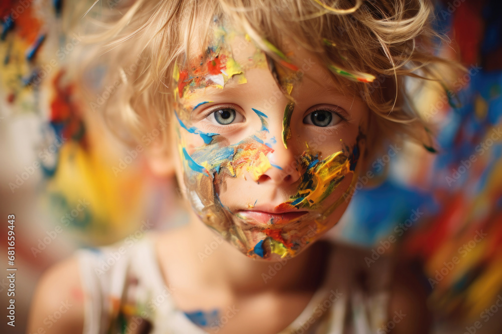Little cute boy playing with paints