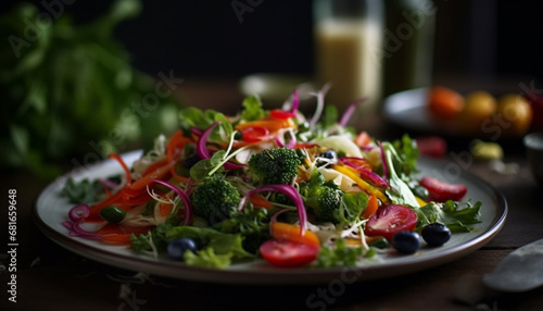 Healthy salad with fresh vegetables and olive oil dressing generated by AI