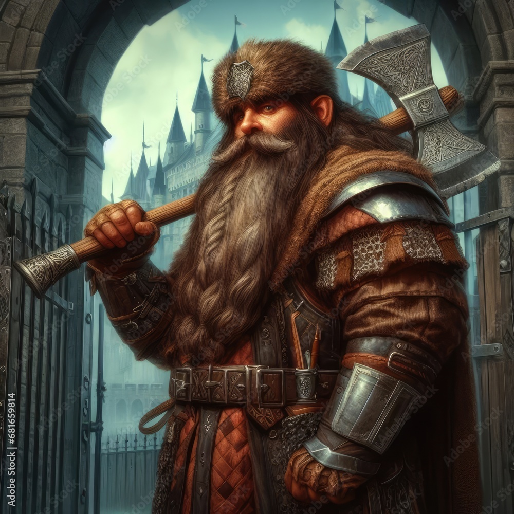 A stoic dwarf warrior, with a long beard and ornate axe, stands guard ...