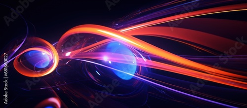 Dynamic composition speed movement of bright lines forming lights track background. AI generated