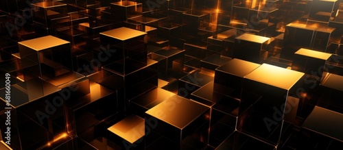 Abstract 3D cubes with golden shiny elements background. AI generated image