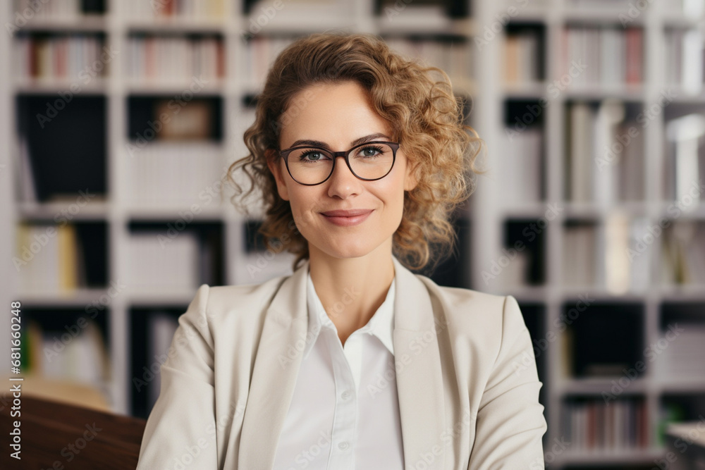 The portrait of a smiling business woman with blonde hair sitting and posing in an office room, in front of a bookshelf. Generative AI. The portrait of a smiling business woman with blonde hair sitting and posing in an office room, in front of a bookshelf. Generative AI.