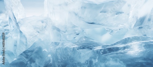 Transparent ice blue texture under frozen background. AI generated