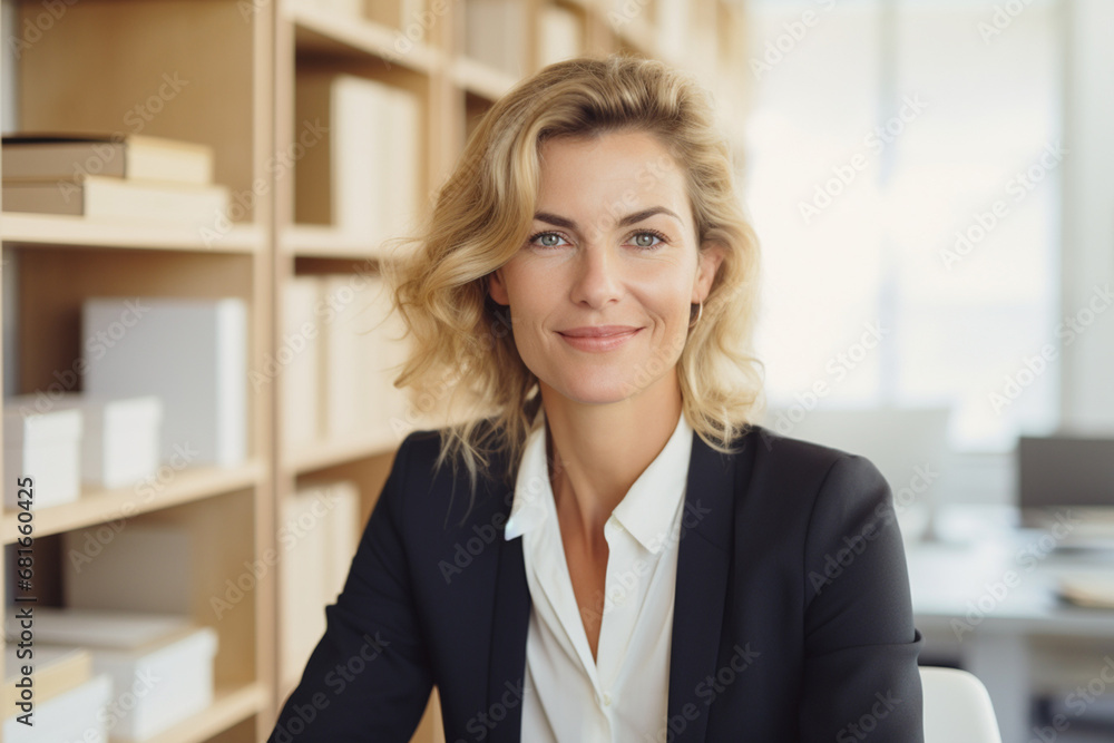 Fototapeta premium The portrait of a smiling business woman with blonde hair sitting and posing in an office room, in front of a bookshelf. Generative AI.
