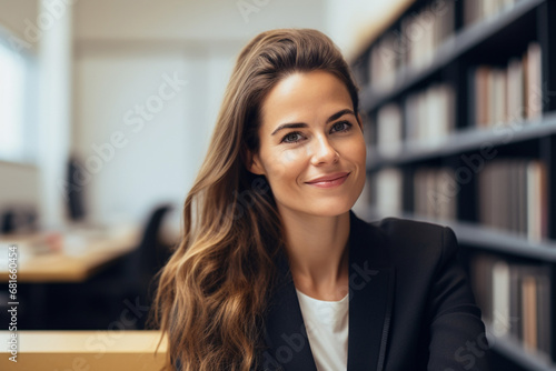The portrait of a smiling business woman with blonde hair sitting and posing in an office room, in front of a bookshelf. Generative AI.