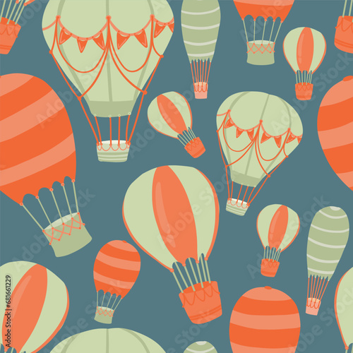 Hot air balloons hand drawn seamless pattern groovy retro
