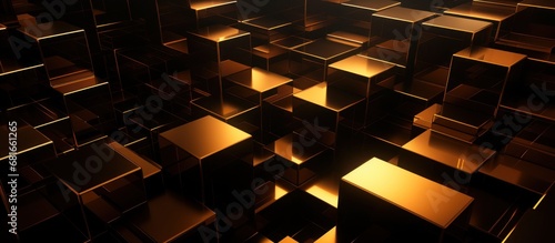 Abstract three dimension cubes with golden shiny elements background. AI generated