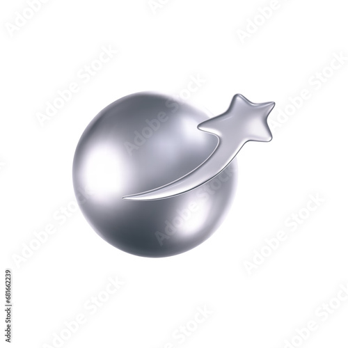 3d chrome galaxy planet icon with stars in y2k style isolated on white background. Render of 3d silver metal planet emoji with shiny gradient effect. 3d vector y2k illustration.