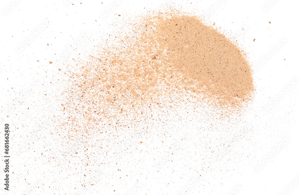 Milled nutmeg powder isolated on white background and texture, top view, clipping Milled nutmeg powder isolated on white background and texture, top view, clipping