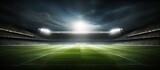Football stadium building with lighting that illuminates the green grass field. AI generated image
