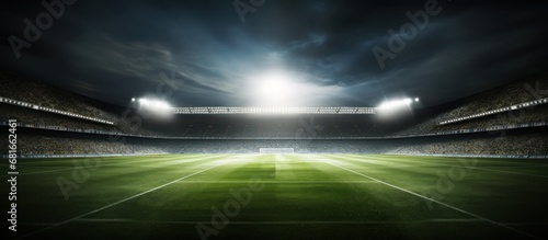 Football stadium building with lighting that illuminates the green grass field. AI generated image