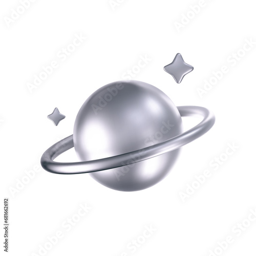 3d chrome galaxy planet icon with stars in y2k style isolated on white background. Render of 3d silver metal planet emoji with shiny gradient effect. 3d vector y2k illustration.