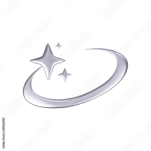 3d chrome falling or flying star in y2k futuristic style isolated on white background. Render 3d cyber chrome galaxy shooting star emoji with blings and sparks. 3d vector y2k illustration.